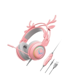 GREEN SCENIC [Cute Deer Cherry] Gaming Headset｜50MM 3D Surround Sound｜Removable Deer Ear Decoration｜RGB Light Effect｜Multi-Platform