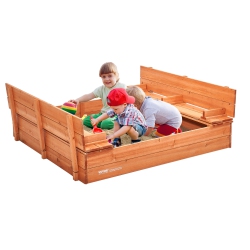 VEVOR 52.4 X 47.2 X 16.9 In Wooden Box Pit \w Foldable Bench Seats And Bottom Liner, Natural Wood Kids Box for Outdoor Backyard, Park, Gift for Boys