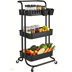 SORTWISE 3-Tier Metal Rolling Utility Cart, Kitchen Storage Cart Trolley Cart With Extra 2 Hanging Cups And 4 Hooks