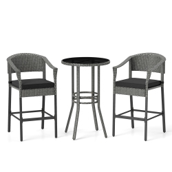 GYMAX 3-Piece Patio Bar Set Outdoor Wicker Bar Height Round Table & Armchairs Set