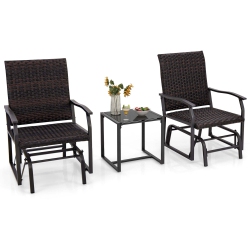 GYMAX 3 PCs Patio Gliding Set Wicker Swing Glider Furniture Set W/ Tempered Glass Coffee Table