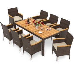 GYMAX 9 Pieces Patio Pe Wicker Dining Set Outdoor Acacia Wood Table & Chairs