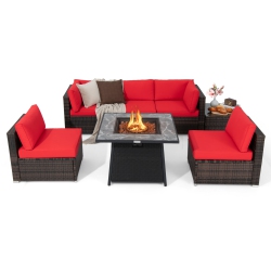 GYMAX Set Of 7 Patio Furniture Set W/ 35" Propane Gas Fire Pit Table & Waterproof Cover