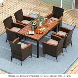 GYMAX Set Of 7 Patio Rattan Dining Set 6 Stackable Chairs Cushioned Wood Table Outdoor