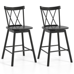 GYMAX Windsor Bar Stool Set Of 2 24" Swivel Rubber Wood Dining Chairs Spacious Seat In Black