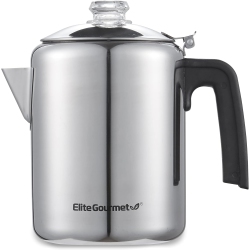 ELITE GOURMET 8-Cup Stovetop Coffee Percolator, Stainless Steel, Cool-Touch Handle, Glass Brew Progress Knob