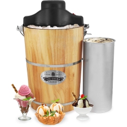 ELITE GOURMET Eim916 6-Quart Old Fashioned Electric Ice Cream Maker With Manual Hand Crank And Vintage Wood Bucket