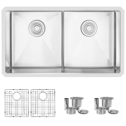 STYLISH 32 Inches Double Bowl Slim Low Divider Kitchen Sink, 16 Gauge Stainless Steel With Grids And Basket Strainers, S-321Xg