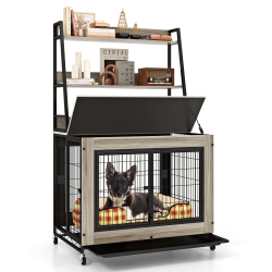 GYMAX Dog Crate Furniture W/ Storage Shelves Industrial Dog Kennel W/ Flip-Up Top