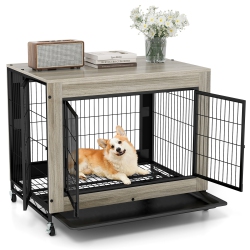 GYMAX Dog Crate Furniture Industrial Dog Kennel W/ Flip-Up Top Decorative Pet House