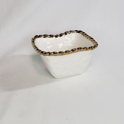 ELEGANCE Simplicity Collection Ceramic Square Bowl Gold Accent Rope Rim 4.75" In White