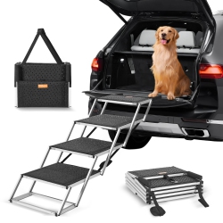 VEVOR Dog Stair for Cars, Wide 4-Step Dog Car Steps, Folding Dog Car Ramp \w Nonslip Surface, Portable Pet Steps Lightweight Aluminum for Car And