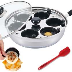 EGGSSENTIALS 6-Cup Nonstick Stainless Steel Egg Poacher Pan With Glass Lid And Spatula