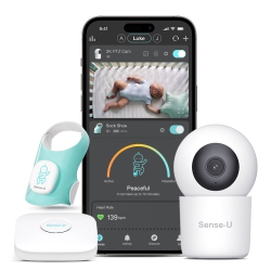 SENSE-U Baby Sock Shoe Bundle Smart Baby Monitor: Sock Shoe Plus 2K Ptz Camera - Track Sleep Patterns, Heart Rate, Movement, Ai Cry Detection