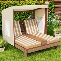 COSTWAY Kids Double Chaise Lounge Patio Lounge Chair With Cup Holders & Awning