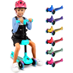 SERENELIFE 3 Wheel Foldable Kids Scooter - Foldable Seat, Led Wheel Lights, Adjustable Handlebar, Rear Foot Brake, Lean-To-Steer, Anti-Slip Deck