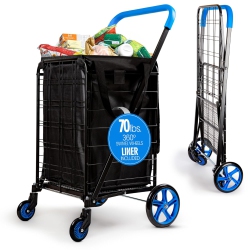 SERENELIFE Small Foldable Shopping Cart \w Cart Liner - 17.72" X 21" X 36.6" Collapsible Grocery Cart \w 70 Lbs. Capacity, Removable And