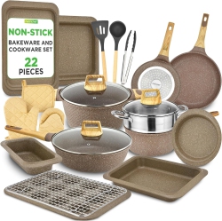 NUTRICHEF 22-Piece Maroon Marble Non-Stick Cookware And Bakeware Set - Professional Home Kitchen Collection \w Multi-Sized Pots, Pans, And