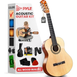 PYLE Beginner Acoustic Guitar Kit, 1/4 Junior Size All Wood Instrument for Kids, Adults, 30" Natural Ash