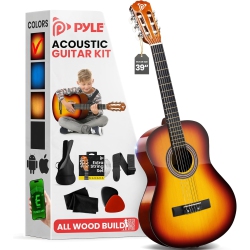 PYLE Beginner Acoustic Guitar Kit, 4/4 Full Size All Wood Instrument for Beginners, Adults, 39" Gloss In Brown
