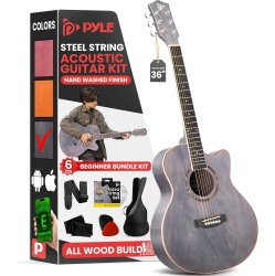 PYLE Acoustic Guitar Kit, 3/4 Junior Size All Wood Steel String Instrument for Beginner Kids, Adults, 36" Dusk Matte In Gray