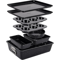 NUTRICHEF 8-Piece Stackable Bakeware Set | Carbon Steel Non-Stick Baking Pan Set | Includes Sheet, Muffin, Round, Loaf, Square Cake & Deep Pans | No
