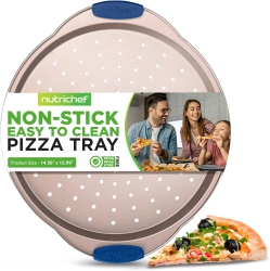 NUTRICHEF 13-Inch Non-Stick Pizza Tray - \w Silicone Handle, Round Steel Non-Stick Pan \w Perforated Holes, Premium Bakeware, Pizza Tray \w Extended
