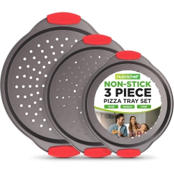 NUTRICHEF 3-Piece Pizza Tray Set \w Silicone Handles - Round Nonstick Pizza Pan \w Perforated Holes, Durable Carbon Steel, Small, Medium, Large