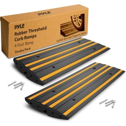 PYLE 8 Ft. Rubber Curb Ramp Set - Pack Of 2 Heavy Duty Non-Slip Threshold Ramps for Driveways & Sidewalks, Waterproof Reflective Strips, Expansion