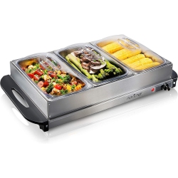 NUTRICHEF 3 Tray Buffet Server & Hot Plate Food Warmer | Tabletop Electric Food Warming Tray | Easy Clean Stainless Steel | Portable & Great For