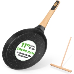 NUTRICHEF 11” Non-Stick Crepe Pan \w Wooden Spreader, Durable Marble Coated Dosa Pan, Bakelite And Wood Handle \w Induction Bottom, Easy-To-Clean
