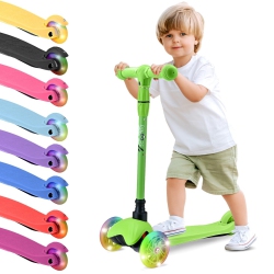 HURTLE Mini Kickboard Scooter for Kids - Height Adjustable 25"-28", Lightweight 3-Wheel Toddler Scooter \w Led Light-Up Wheels