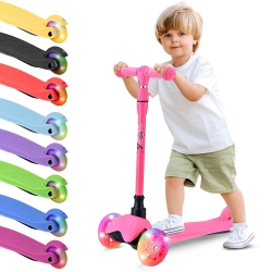 HURTLE Mini Kickboard Scooter for Kids - Height Adjustable 25"-28", Lightweight 3-Wheel Toddler Scooter \w Led Light-Up Wheels