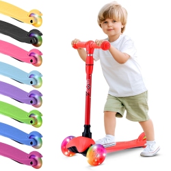HURTLE Mini Kickboard Scooter for Kids - Height Adjustable 25"-28", Lightweight 3-Wheel Toddler Scooter \w Led Light-Up Wheels