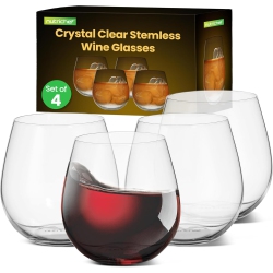 NUTRICHEF 15OZ Stemless Wine Glasses - Set Of 4 Ultra Thin Elegant & White Wine Clear Crystal Glass Drinkware, Lead-Free, Hand Blown Seamless Bowl