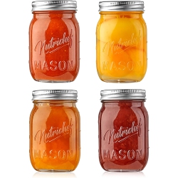 NUTRICHEF 4-Pack 16 OZ Mason Jars \w Lids - Thick Glass Canning Jars \w Stainless Steel Lids - Ideal for Diy Spices, Meal Prep, Overnight Oats