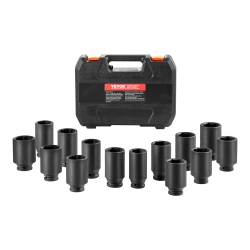 VEVOR Axle Nut Impact Socket Set, 1/2" Drive Deep 6+12-Point 14-Piece Metric Spindle Nut Socket Set, Cr-V Heat Treated Socket Set \w Storage Case