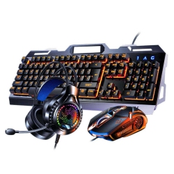 GREEN SCENIC Mechanical Feel Metal Wired Keyboard [Black Light-Wired Keyboard + Mouse + Headset] In Orange