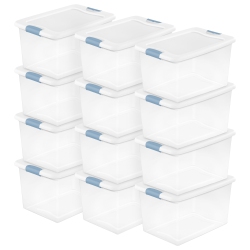 STERILITE 64 Qt Clear Plastic Stackable Storage Bin W/ Latch Lid, 12 Pack In White