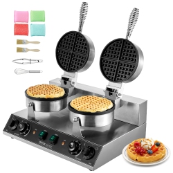 VEVOR 2460W Commercial Waffle Maker, Dual-Head Round Waffle Baker Machine, Non-Stick Stainless Steel Belgian Waffle Iron \w Temp And Time Control