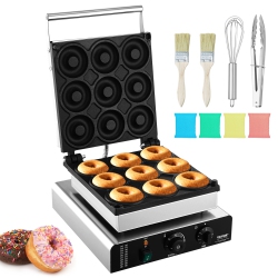 VEVOR 2000W Electric Donut Maker, Commercial Doughnut Machine \w Non-Stick Surface, 9 Holes Double-Sided Heating Waffle Machine Makes 9 Doughnuts