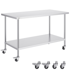 VEVOR 30 X 60 X 38 Inch Stainless Steel Work Table, \w 4 Wheels, 3 Adjustable Height Levels, Heavy Duty Food Prep Worktable for Commercial Kitchen