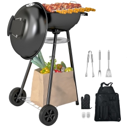 OUTSUNNY 17" Kettle Charcoal Bbq Grill \w Bbq Accessories, Barbecue Grill \w Shelf, Ash Catcher, Wheels, Handles for Outdoor Cooking, Patio Backyard
