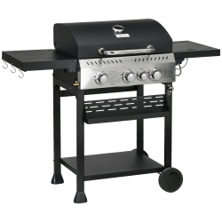 OUTSUNNY Propane Gas Grill \w 3 Main Burners, 1 Side Burner, 38, 000 Btu Outdoor Bbq Grill Cart \w Wheels, Warming Rack, Shelves, Thermometer, Bottle