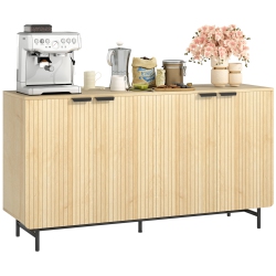 HOMCOM Fluted Sideboard Buffet Cabinet \w Storage, 55" Modern Kitchen Storage Cabinet \w 4 Doors, 2 Adjustable Shelves And 5 Metal Legs, Nature Wood