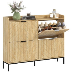 HOMCOM Narrow Shoe Cabinet With 4 Flip Drawers And Adjustable Shelves, Slim Shoe Rack Cabinet for Entryway, Hallway, Holds 16 Pairs, Oak