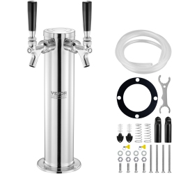 VEVOR Dual Taps Draft Beer Tower Dispenser, Stainless Steel Keg Beer Tower, Kegerator Tower Kit \w Pre-Assembled Tubing And Self-Closing Faucet