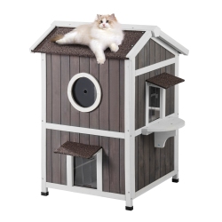 VEVOR 23"l X 26"w X 36"h Outdoor Cat House Weatherproof, Feral Cat Shelter for Multiple Cats, 2-Story Large Outdoor Wooden Cat House \w Doors, Pvc