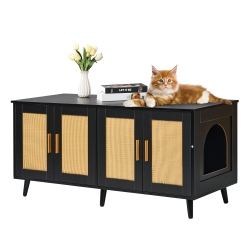 VEVOR 47.2"l X 19.7"w X 21.7"h Cat Litter Box Enclosure for 2 Cats, Litter Box Furniture Hidden \w Rattan Decorated Doors, Wooden Cat Box Cabinet