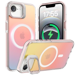 ORNARTO for Iphone 16E Case, Built-In Stash Stand Phone Case Compatible \w Magsafe, Holographic Iridescent Cover, Shockproof Protective Magnetic Case